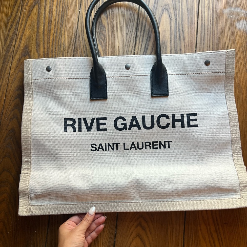 RIVE GAUCHE LARGE TOTE BAG IN LINEN AND LEATHER
